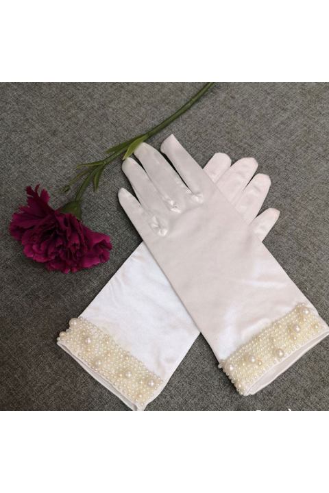 Vintage White Pearl Decor Satin Wedding  Bridal Gloves