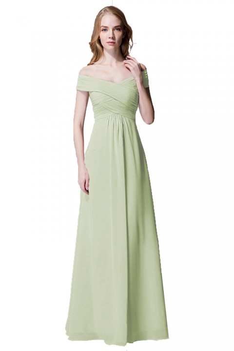 Crisscross Off-the-Shoulder Pleated V-back Bridesmaid Dress Long