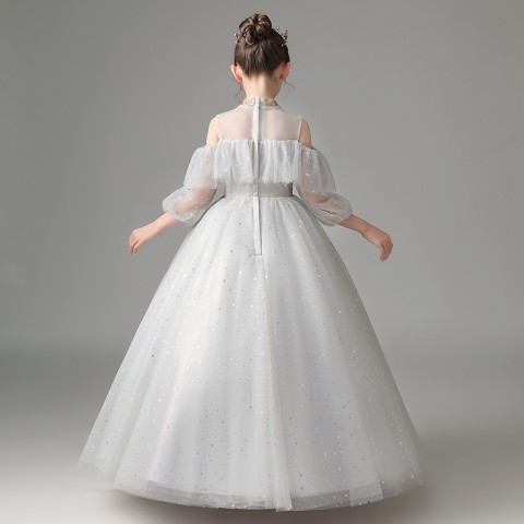 Light Grey High Neck Cold Shoulder Flounce Sequin Flower Decor Shiny Tulle Skirt Girls Pageant Dress