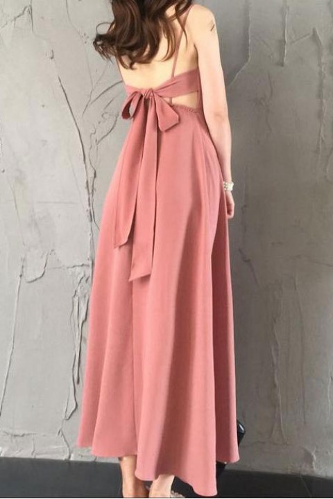 Spaghetti Straps V Neck Bow Back Bridesmaid Dress Long