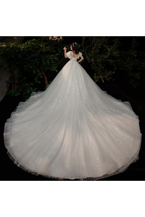 Plus Size 2021 Deep V-neck Ruffle Cap Sleeves Beaded Flower Lace Tulle Wedding Dress With Long Train
