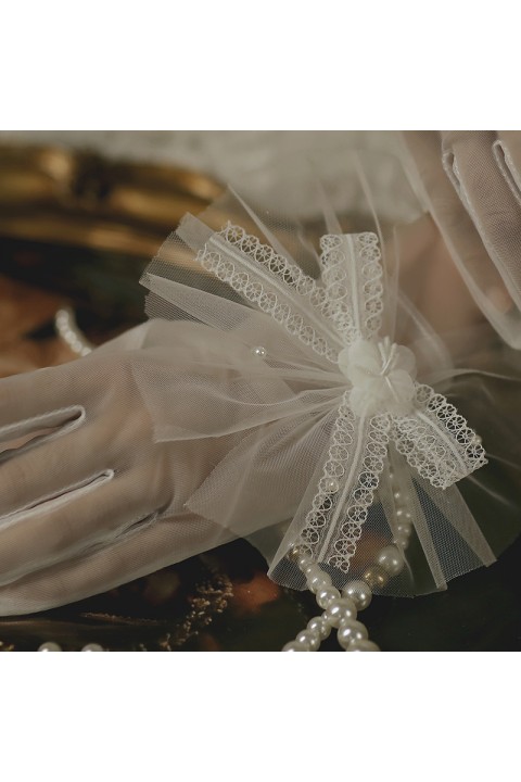 White Handmade Lace Bow Decor Thin Tulle Wedding Bridal Gloves