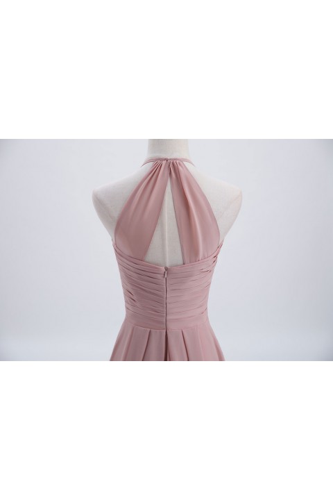 Elegant Halter Tea Length Pleated Chiffon Bridesmaid Dress with Tie Back