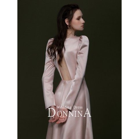 Pink Elegant Sweetheart Neck Long Sleeves Beaded Decor Satin Party Dress