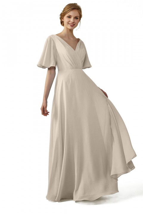 Casual V-Neck Flutter Sleeves Chiffon Ruched Bridesmaid Dress with Keyhole Back