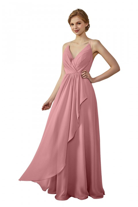 Lace Illusion Back Clousre Tulle Strap V-Neck Bridesmaid Dress with Ruffle