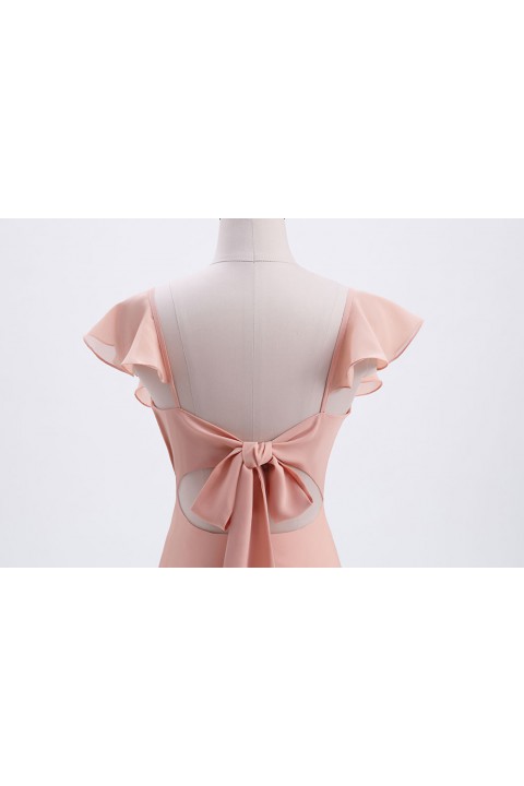 V Neck Cascading Ruffles Sleeve Bow Back Bridesmaid Dress 