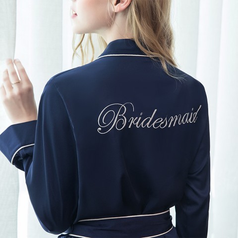 Contrast Embroidery Tied Waist Silk Bridesmaid Robe with Pocket