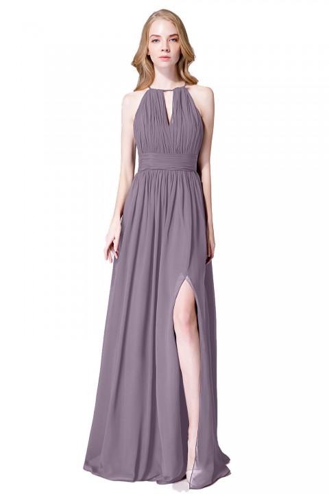 High-Neck with Keyhole Halter Tie Back Chiffon Bridesmaid Dress 