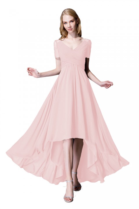 Criss Pleated V-neck High-low Chiffon Bridesmaid Dress with Illusion Sleeves