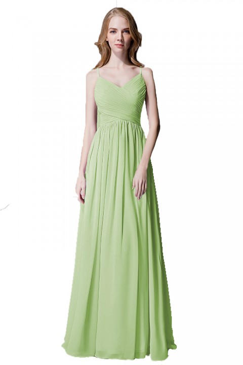 Spaghetti Straps Pleated Chiffon Bridesmaid Dress with Lace Open Back