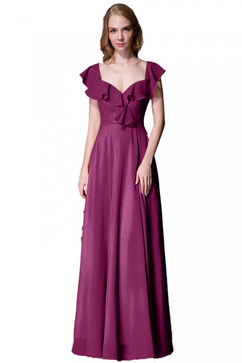 V Neck Cascading Ruffles Sleeve Bow Back Bridesmaid Dress 