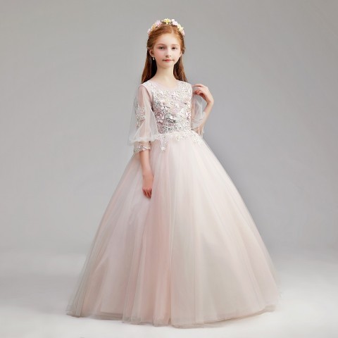 Round Neck Long Embroidery Sleeve Flowers Decor Tulle Skirt Girls Pageant Dresses