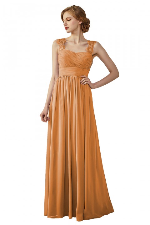 Pleated Long Chiffon Open Back Lace Strap Bridesmaid Dress