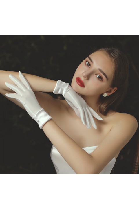 Elegant White Bright Wedding Bridal Satin Gloves