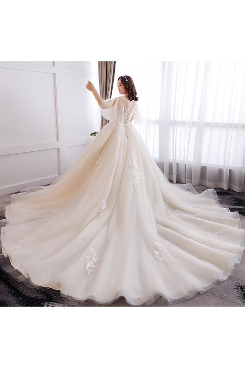 Plus Size 2021 Open Shoulder Double V Neck Tulle Sleeves Sequined Decor Embroidered Flower Tulle Wedding Dress With Long Train