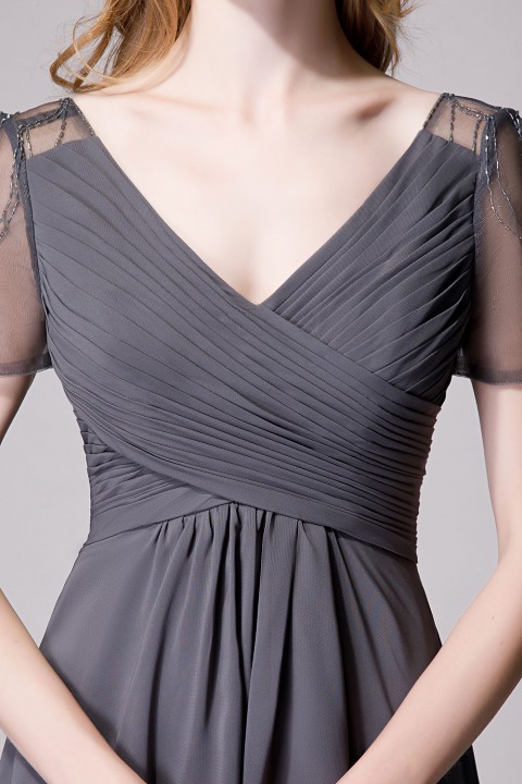 Criss Pleated V-neck High-low Chiffon Bridesmaid Dress with Illusion Sleeves