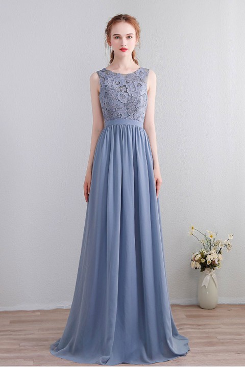 Lace Upper Bodice Illusion Scoop Neck Chiffon Bridesmaid Dress Sleeveless