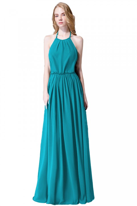 Halter Spaghetti Strap Open Back Chiffon Bridesmaid Dress with Sash