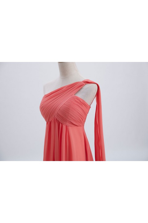 One-Shoulder Pleated Chiffon Short Bridesmaid Dress With Flowing Cape