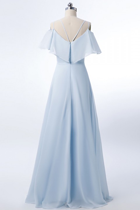 Double Spaghetti Straps V Neck Chiffon Bridesmaid Dress with Flouncing Top