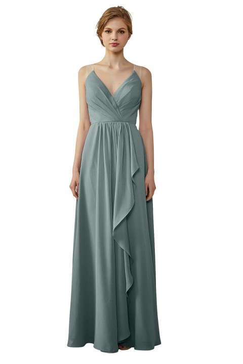 Lace Illusion Back Clousre Tulle Strap V-Neck Bridesmaid Dress with Ruffle