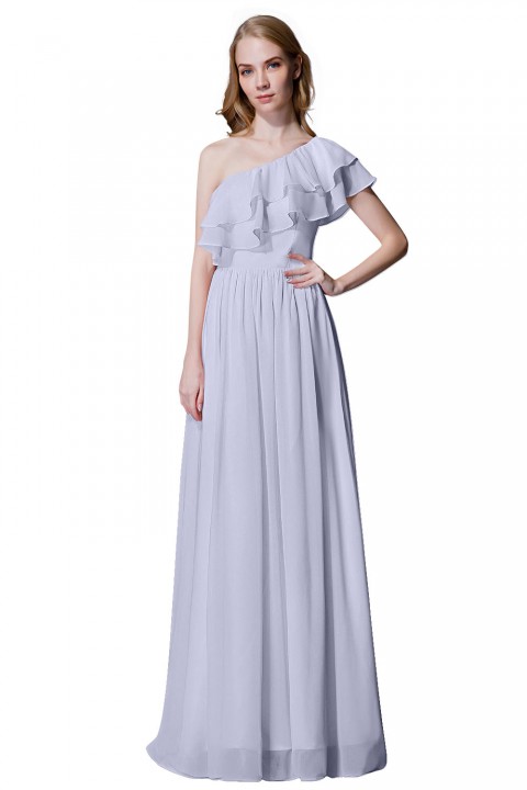 Asymmetrical One-Shoulder Flounce Chiffon Bridesmaid Dress Long