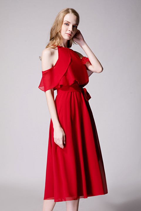 Flirty Off Shoulder Chiffon Ruffled Detachable Belt Bridesmaid Dress Short