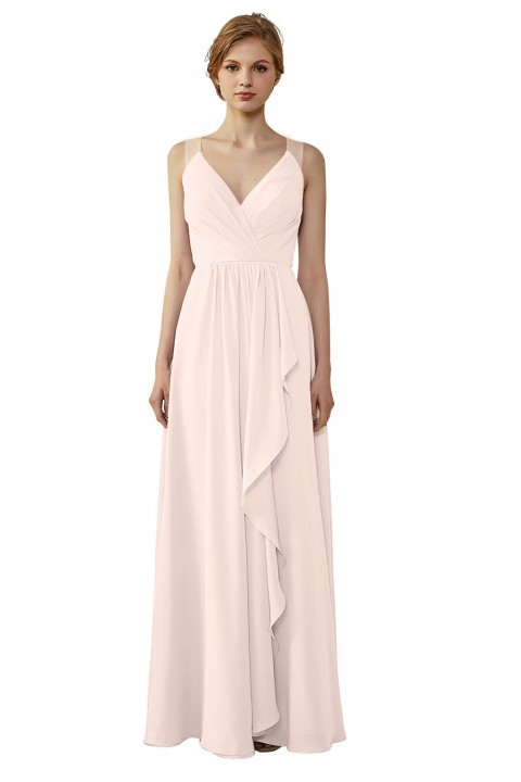 Lace Illusion Back Clousre Tulle Strap V-Neck Bridesmaid Dress with Ruffle