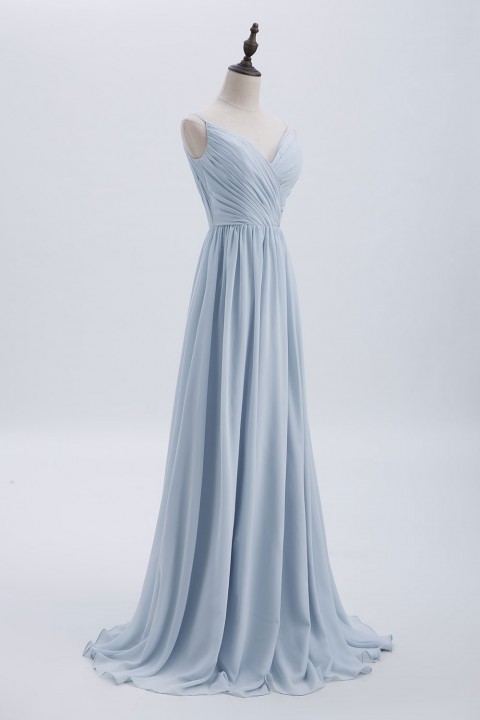 Spaghetti Straps Shell Neck Chiffon Bridesmaid Dress Open-back 