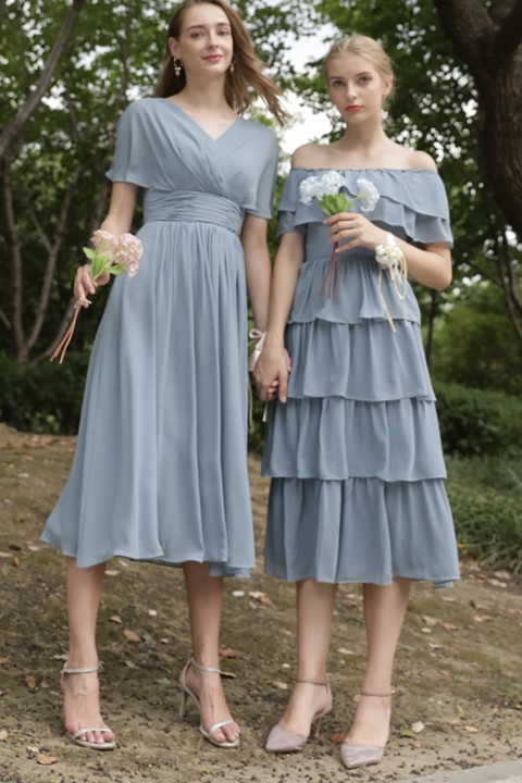 Short Sleeve V Neck Ruched Chiffon Bridesmaid Dress with Corsage Back