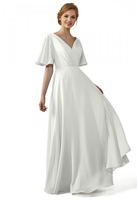 Casual V-Neck Flutter Sleeves Chiffon Ruched Bridesmaid Dress with Keyhole Back