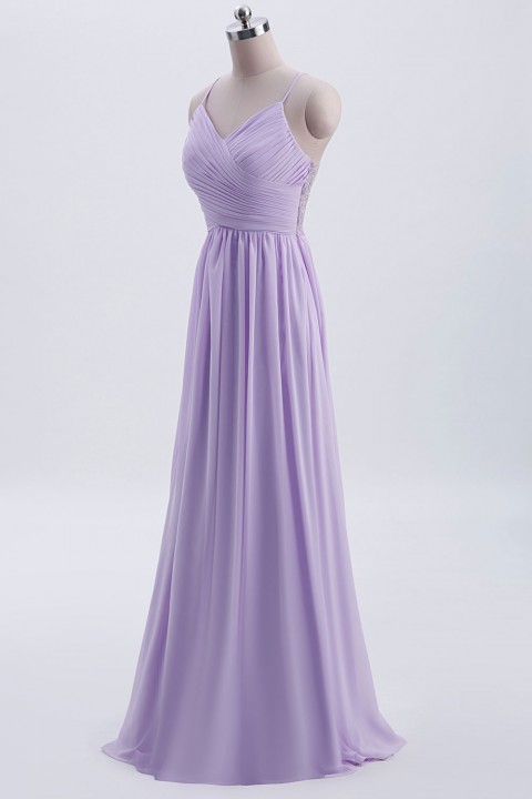 Spaghetti Straps Pleated Chiffon Bridesmaid Dress with Lace Open Back