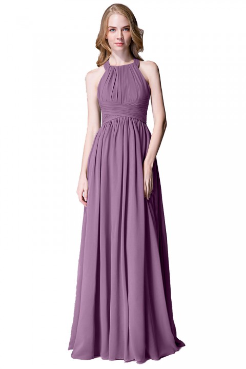 Sophisticated Halter Neckline Keyhole Back Pleated Bridesmaid Dress