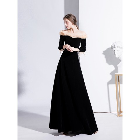 Black Elegant Off Shoulder Long Sleeves Velvet Party Dress