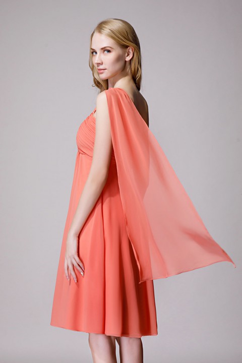 One-Shoulder Pleated Chiffon Short Bridesmaid Dress With Flowing Cape