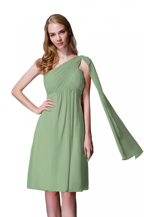 One-Shoulder Pleated Chiffon Short Bridesmaid Dress With Flowing Cape