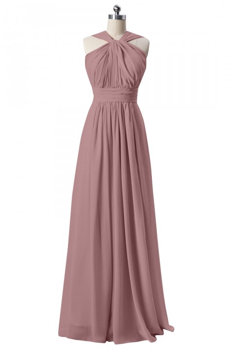 Twisted Halter Neck Pleated Bodice Illusion Back Chiffon Long Bridesmaid Dress