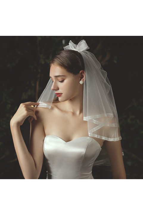 White Ribbon Bow Decor Muti-Layers Short Soft Tulle Wedding Bridal Veil With Comb