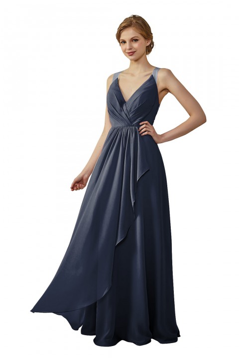 Lace Illusion Back Clousre Tulle Strap V-Neck Bridesmaid Dress with Ruffle