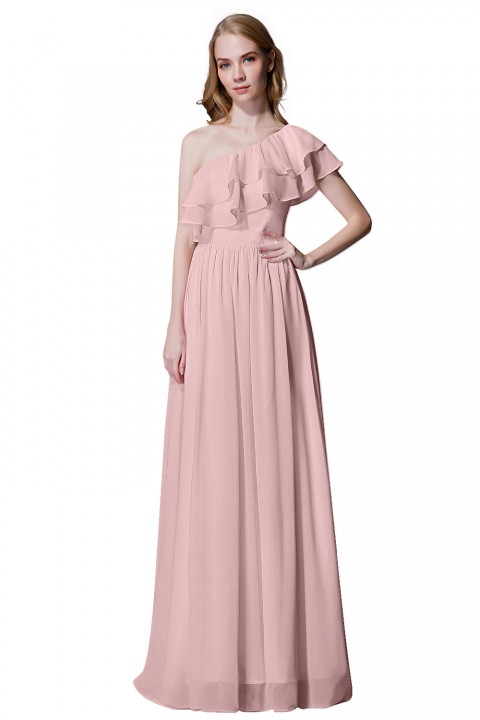 Asymmetrical One-Shoulder Flounce Chiffon Bridesmaid Dress Long