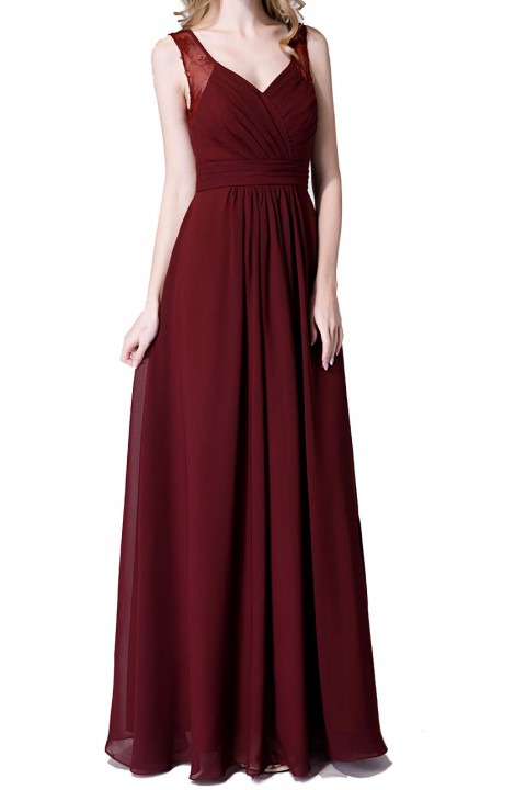 V Neck Illusion Lace Straps Keyhole Back Chiffon Ruched Bridesmaid Dress