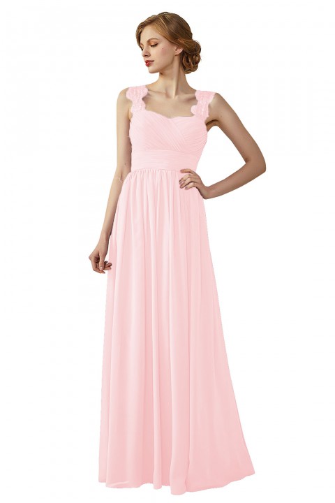 Pleated Long Chiffon Open Back Lace Strap Bridesmaid Dress