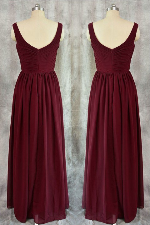 V Neck Pleated A-Line Bridesmaid Dress Long