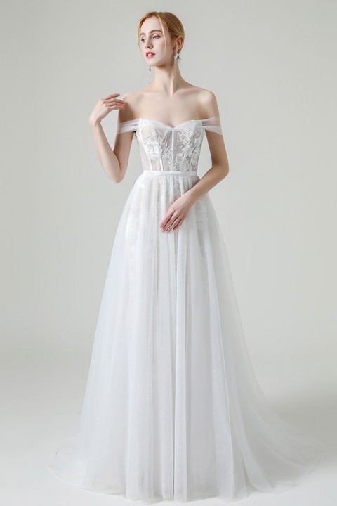 Off the Shoulder Lace Two in One Wedding Dress with Detachable Tulle Overskirt