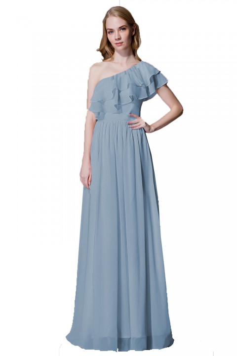 Asymmetrical One-Shoulder Flounce Chiffon Bridesmaid Dress Long