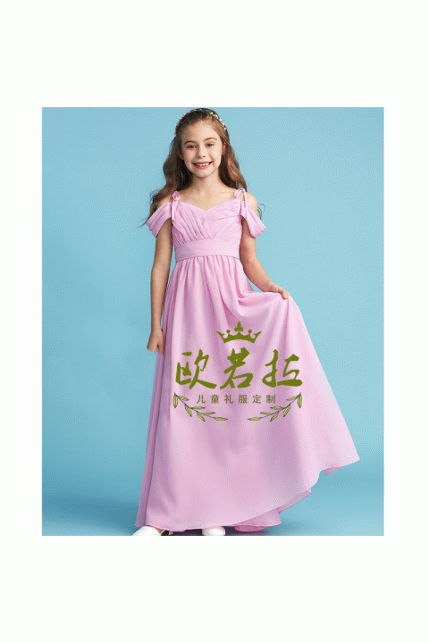 V-Neck Spaghetti Straps Hang Sleeve Chiffon Skirt Junior Bridesmaid Dresses