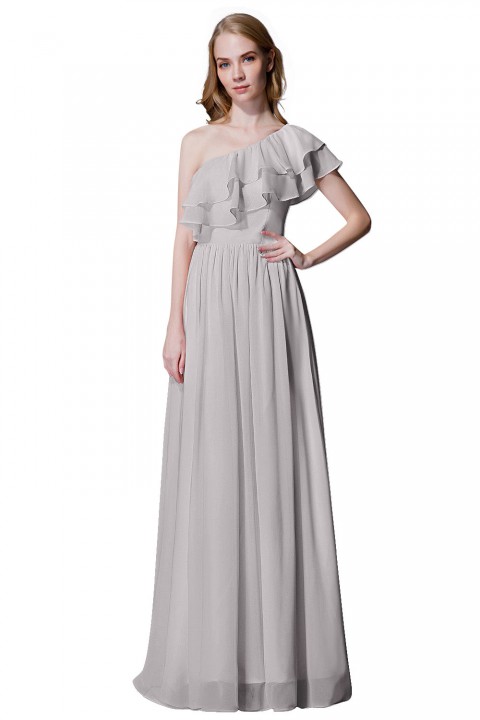 Asymmetrical One-Shoulder Flounce Chiffon Bridesmaid Dress Long