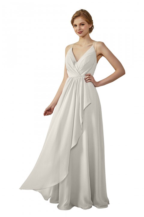 Lace Illusion Back Clousre Tulle Strap V-Neck Bridesmaid Dress with Ruffle