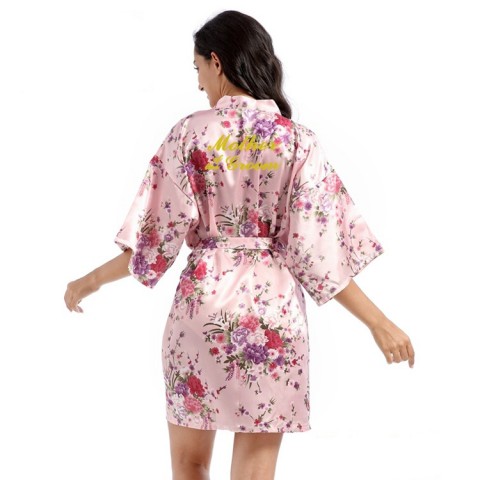 Floral Slogan Printed Tied Waist Silk Mother of the Groom Robe